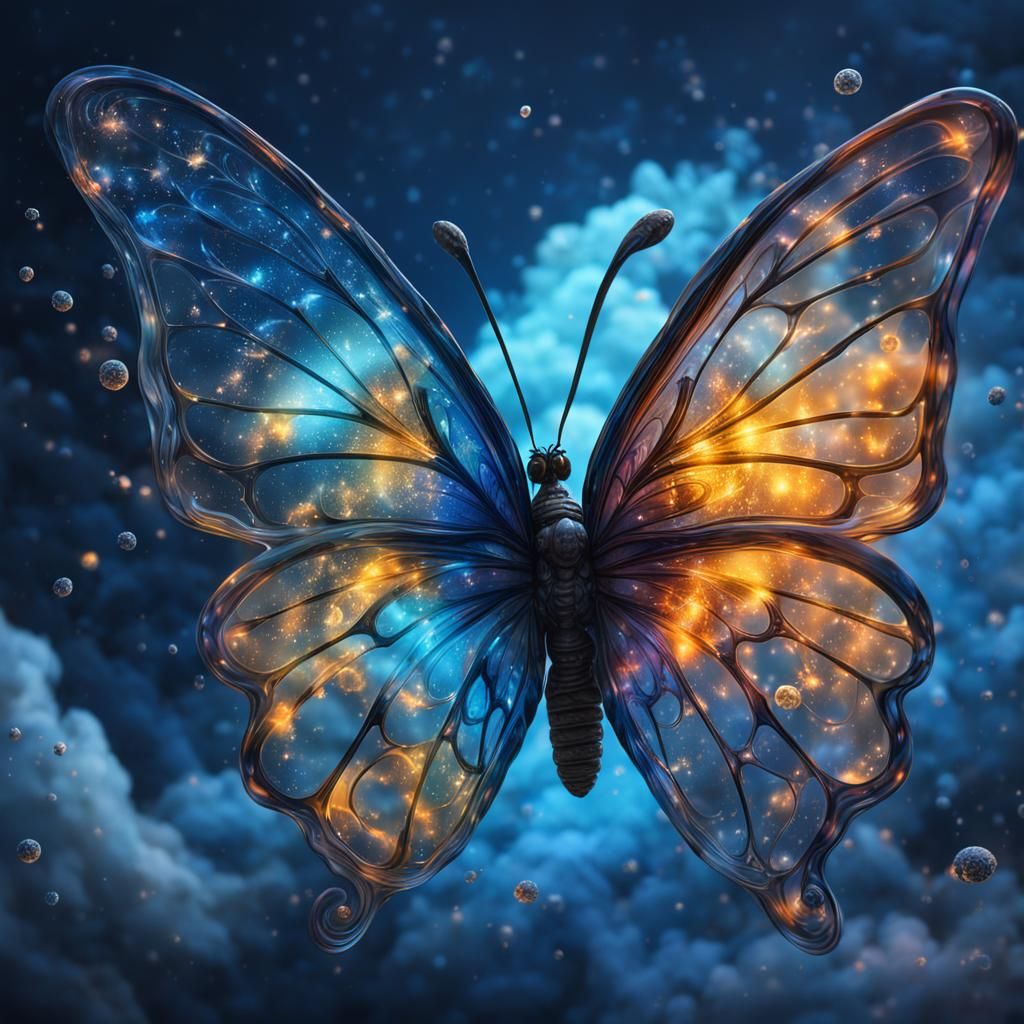 Glass Butterfly with Electric Night Sky: Hyperrealistic Spla...