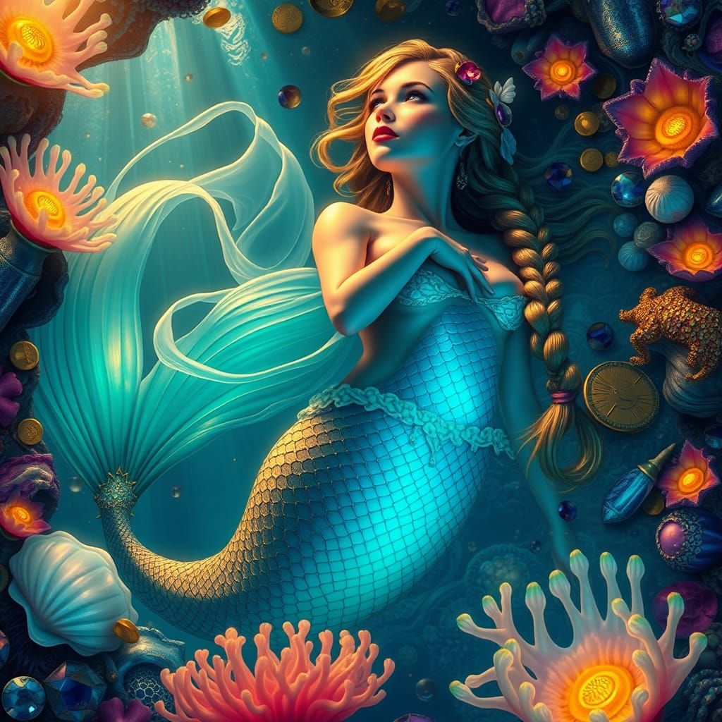 Iridescent Mermaid in Oceanic Treasure Trove