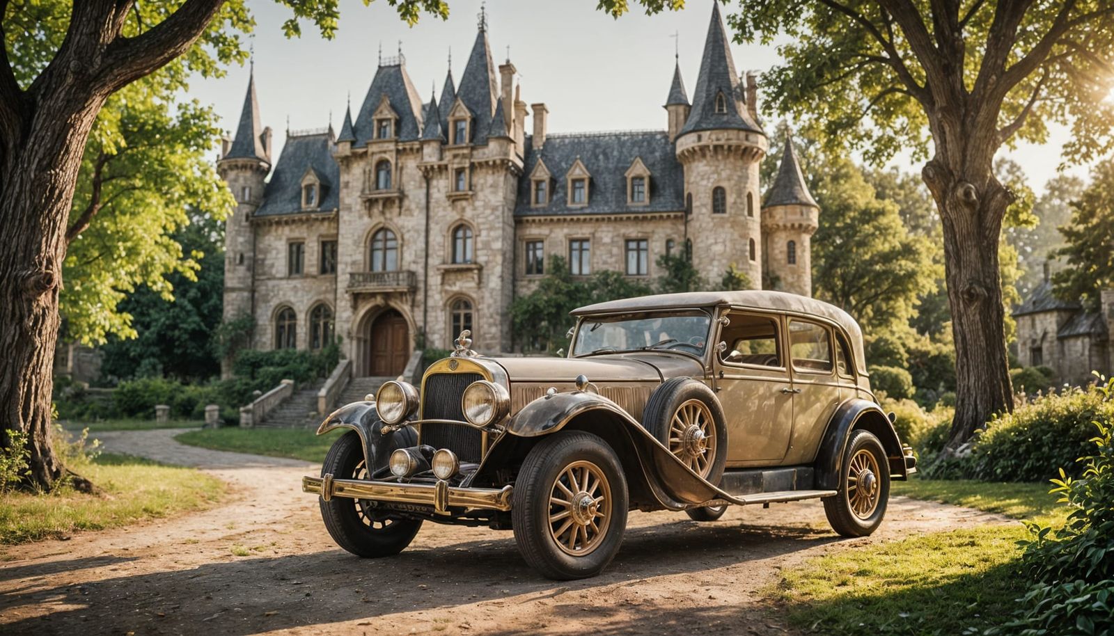 Whimsical Elven Castle Scene with Antique Car