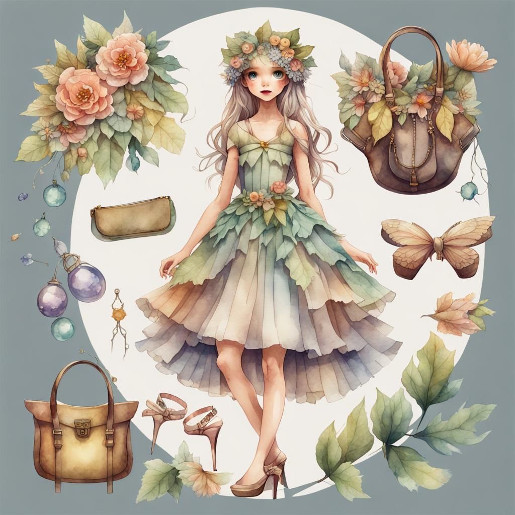 Watercolor Paper Doll Illustration of Fairy Accessories