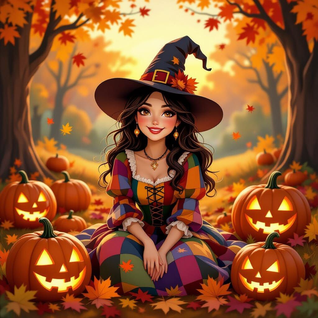 Friendly Witch in Cozy Autumn Setting