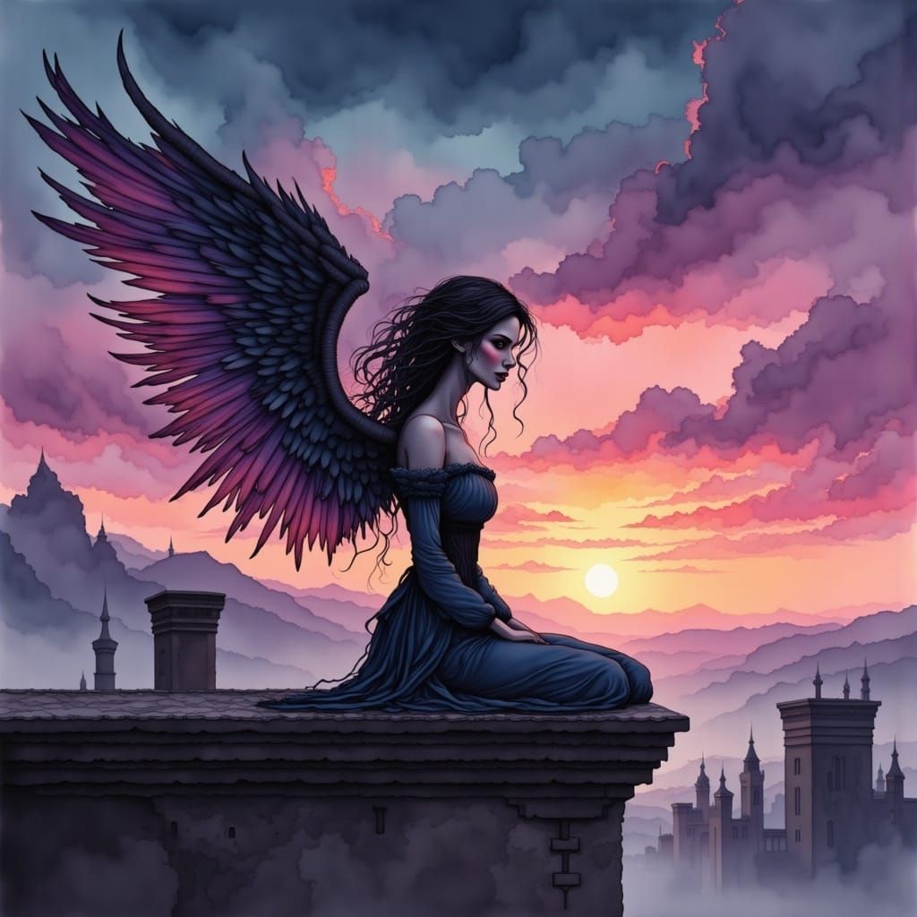 Dark Angel Kneeling on Rooftop at Twilight