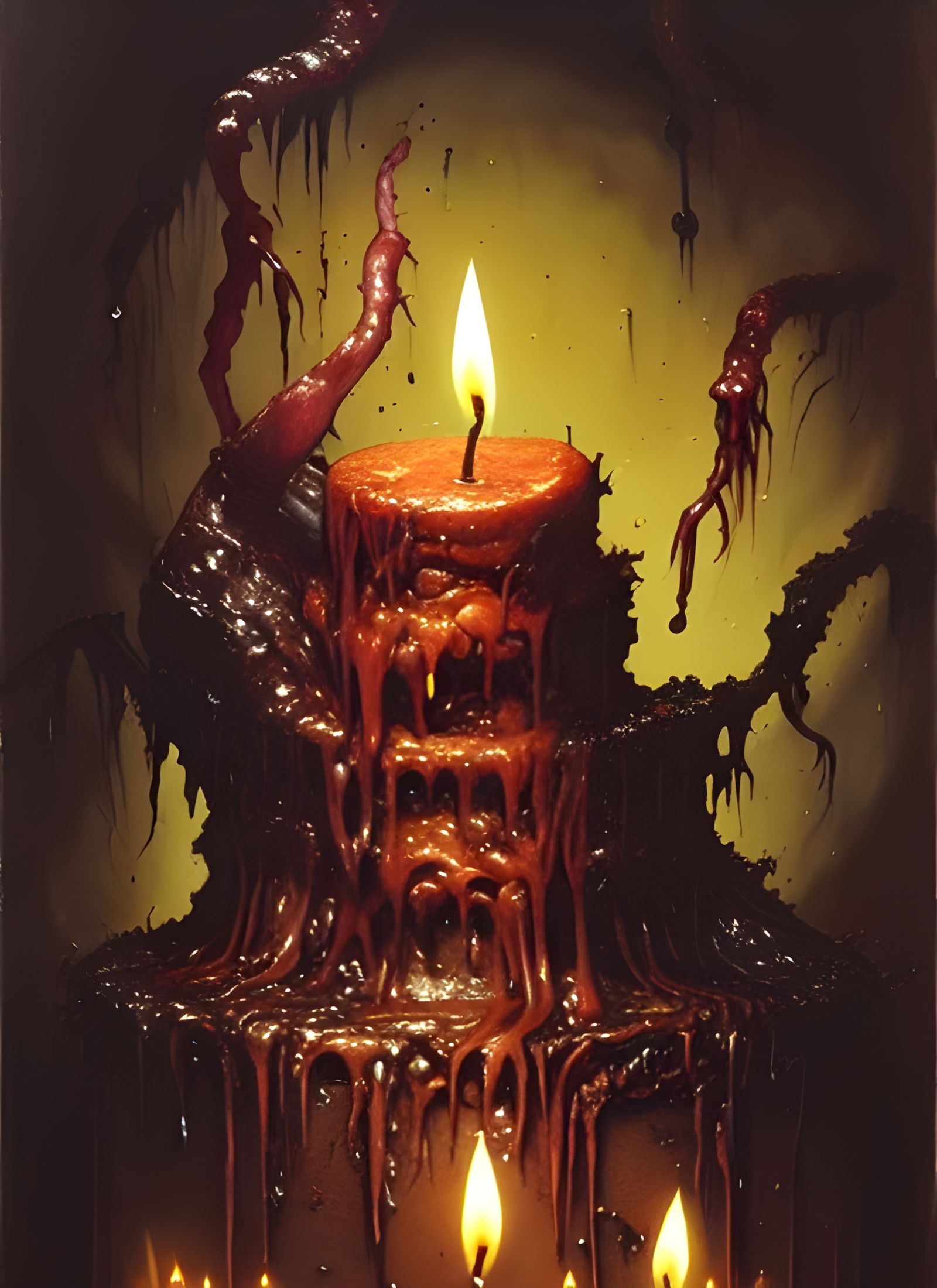 Sinister Decaying Cake with Candles, Detailed Gouache