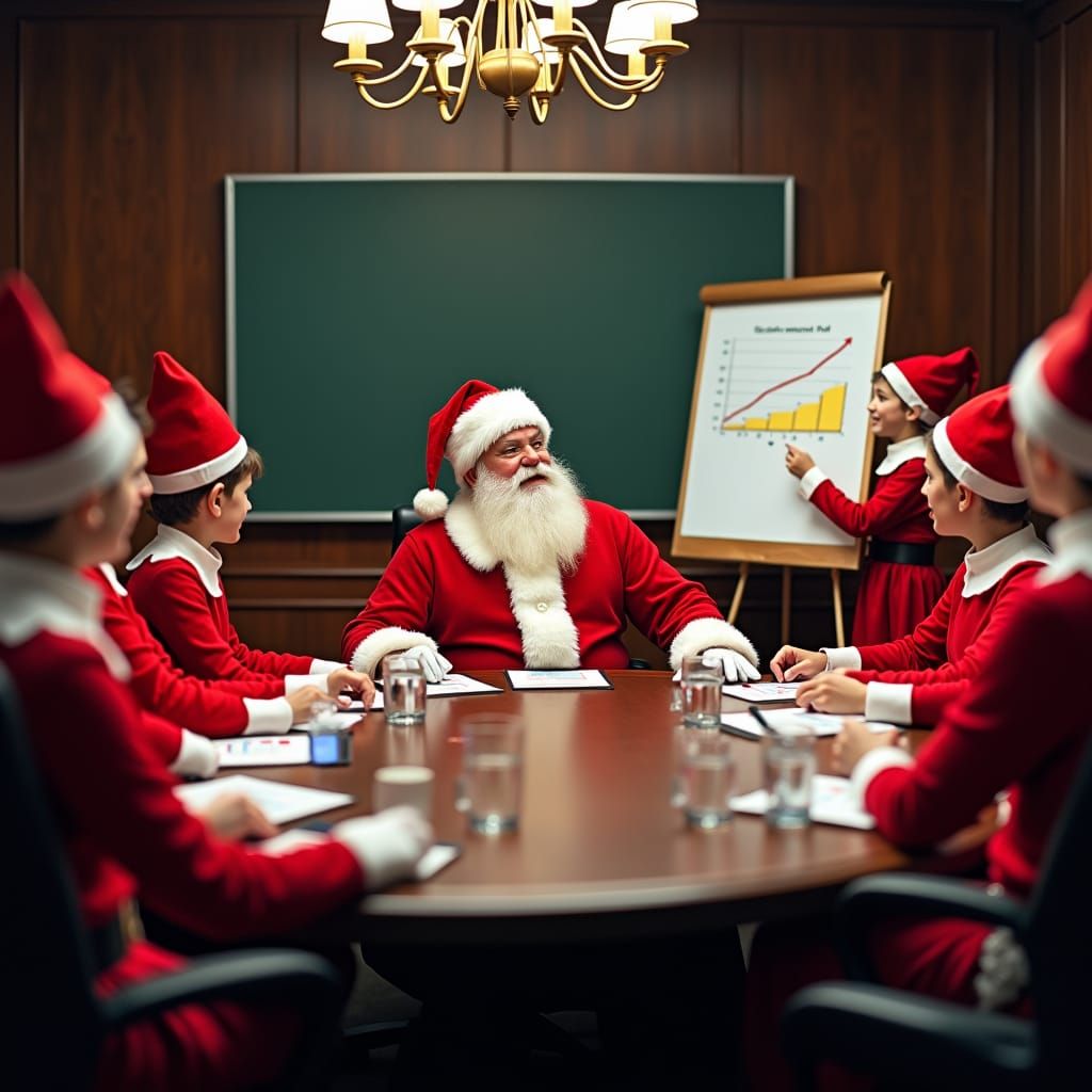 Santa Claus Leads Elf Boardroom Meeting
