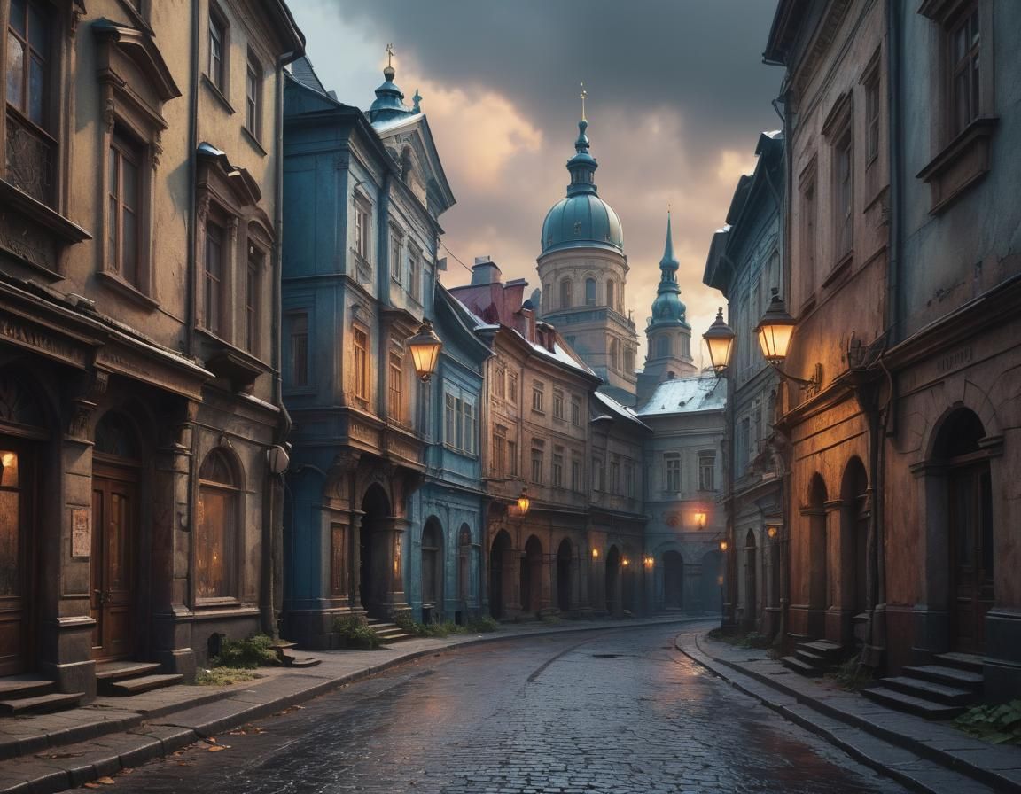 Lviv Street Scene in Detailed Matte Painting Style