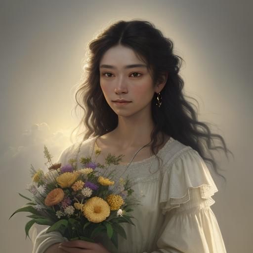 Woman in Meadow with Flowers, Oil Painting Style