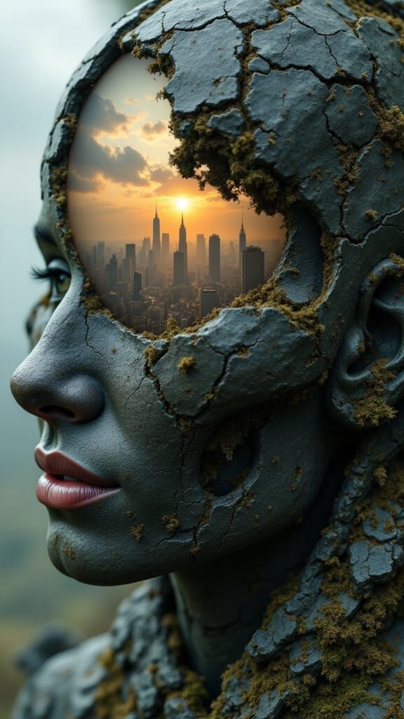 Dystopian Cityscape Inside Colossal Sculptural Face