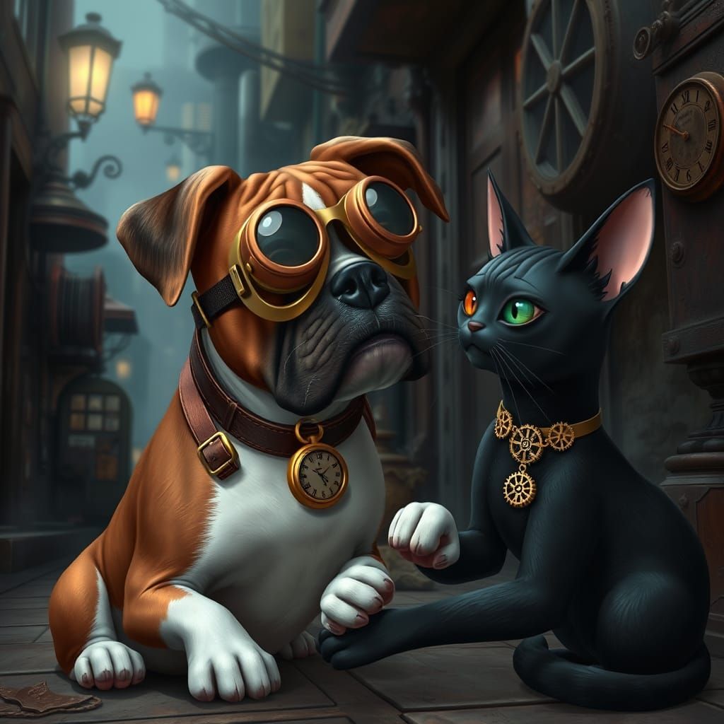 Steampunk Boxer Dog Plays with Brass-Equipped Cat in Smoky A...