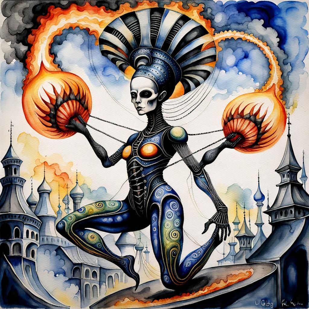 Acrobatic Fire Dancer in Watercolor Style