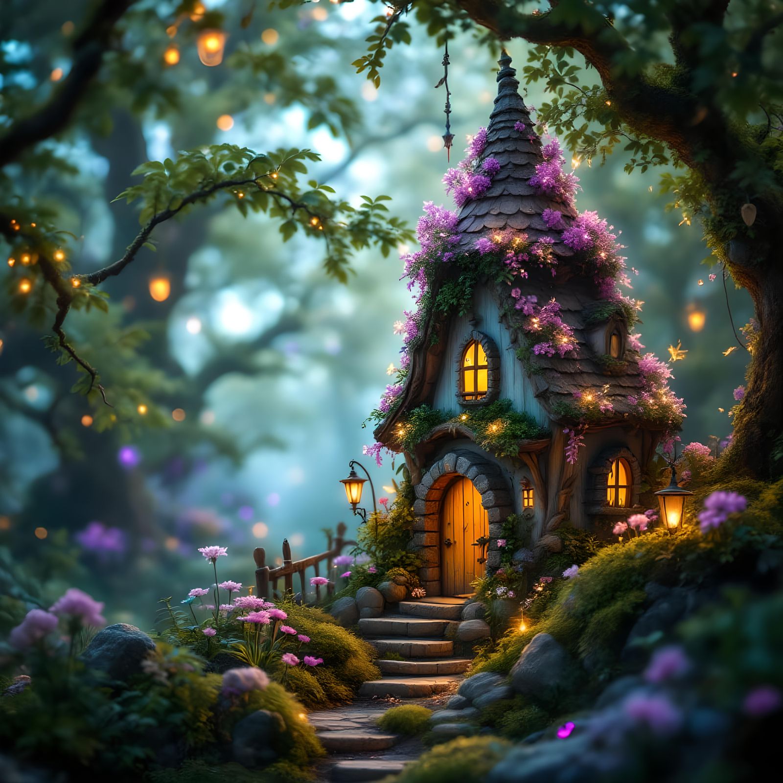 Magical Fairy House in Bioluminescent Forest