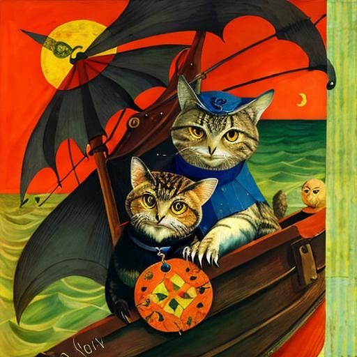 Tabby Cat and Owl Voyage in Art Style