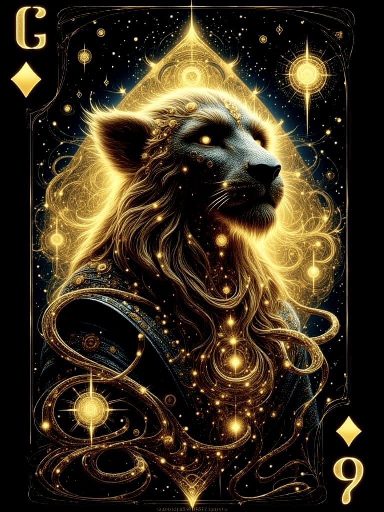Neon Lion Playing Card with Glowing Runes