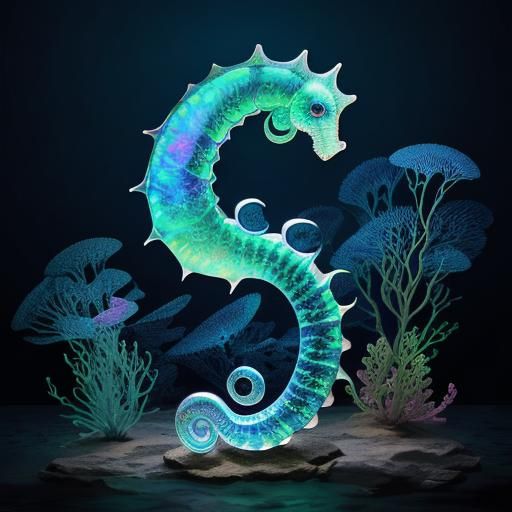 Bioluminescent Seahorse and Ammonites in Metallic Vision