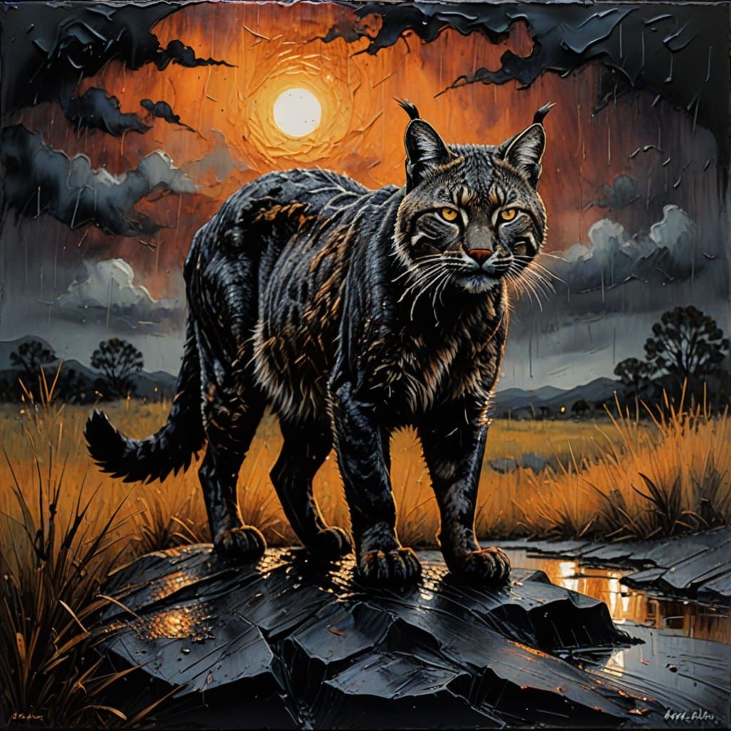 Encaustic Bobcat Painting with Impasto Texture