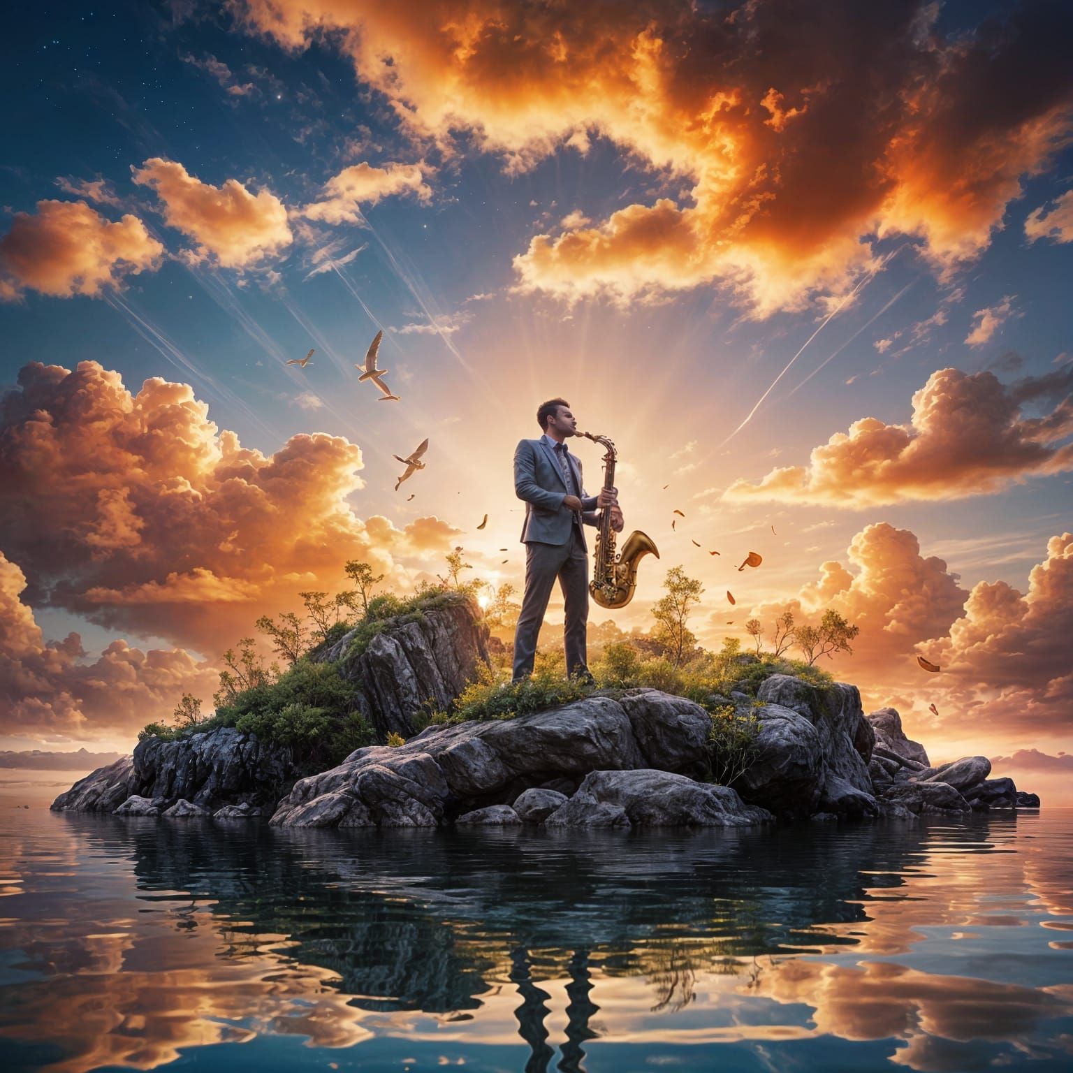 Jazz Musician on Floating Island in Splash Art Style