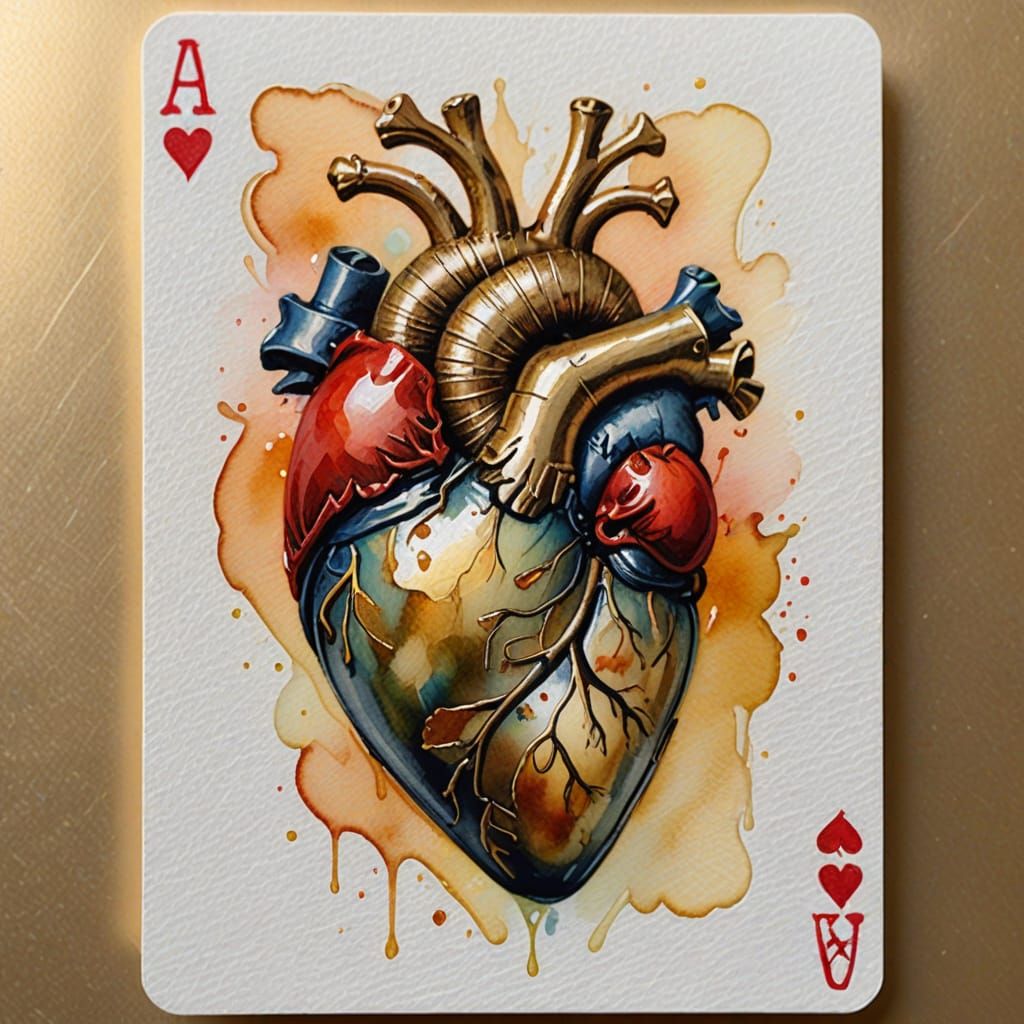 Anatomical Heart Playing Card in Watercolor Style