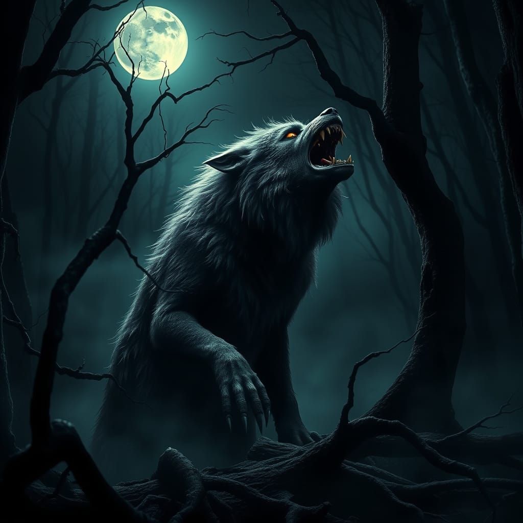 Werewolf in Dark Forest, Eyes Glowing with Primal Rage, in C...