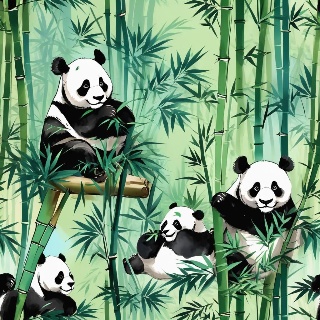 Panda in Bamboo: Chinese Ink Wash Illustration
