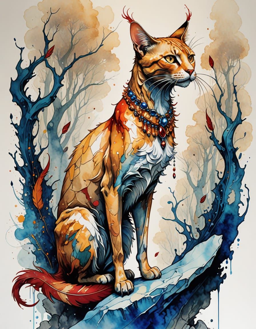 Whimsical Cat in Mystical Forest, Neo-Impressionist Style