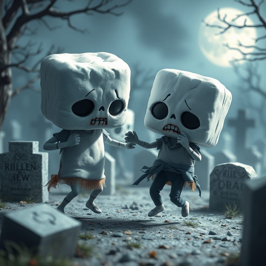 Chibi Zombie Marshmallows Dance in Graveyard, 3D Render