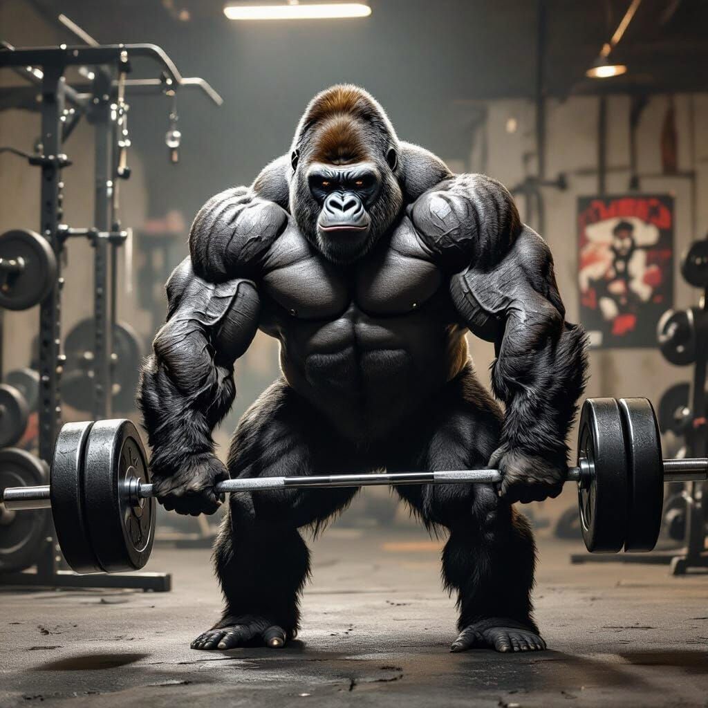 Muscular Silverback Gorilla Lifts Dumbbell in Gritty Gym