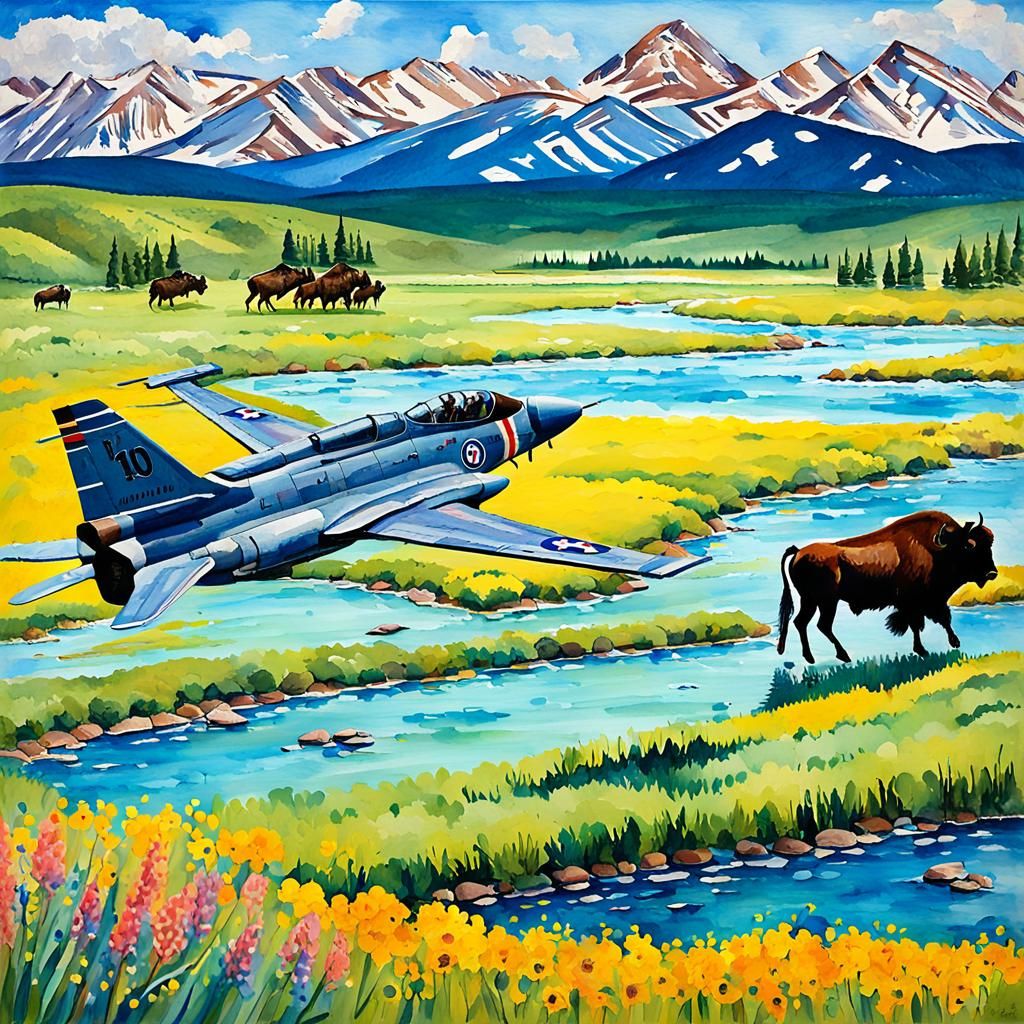 Starfighter Over Prairie in Gouache Impressionist Style