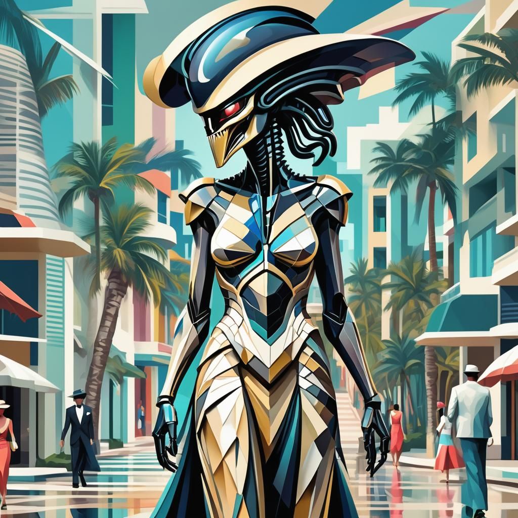 Xenomorph in Miami Beach: A Cubist Art Deco Painting