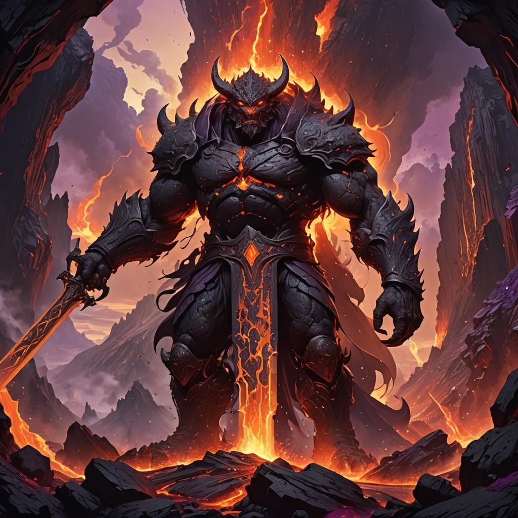 Lava Giant with Fiery Sword in Volcano