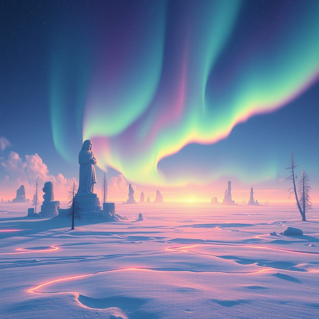 Under a bright alien aurora, a quiet tundra.