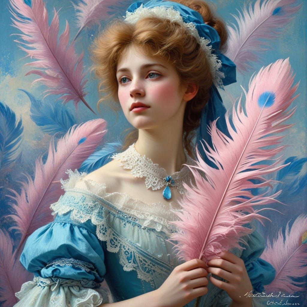 Dreamy Impressionist Blue Feather in Soft Pink
