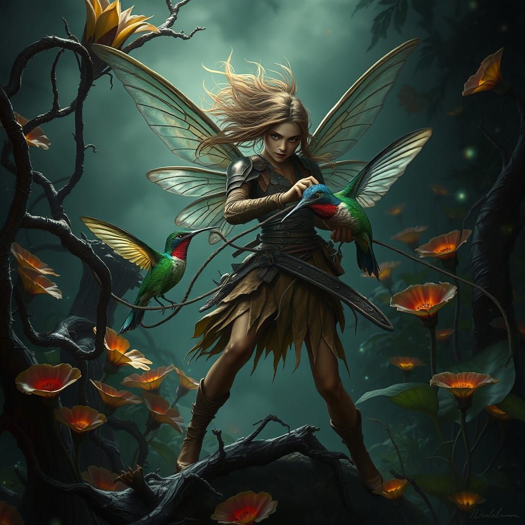 Fairy in Dark Jungle Lassos Giant Hummingbird in Gritty, Hyp...