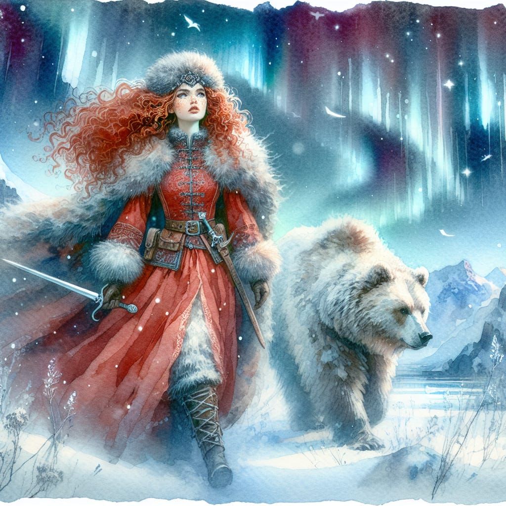 Fantastical Watercolour Princess in Northern Landscape