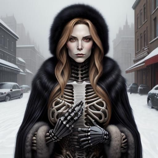 Skeleton Girl in Fur Coat: Comic Book Art