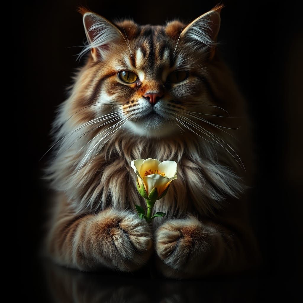 Majestic Cat Cradling Flower: Cinematic Still