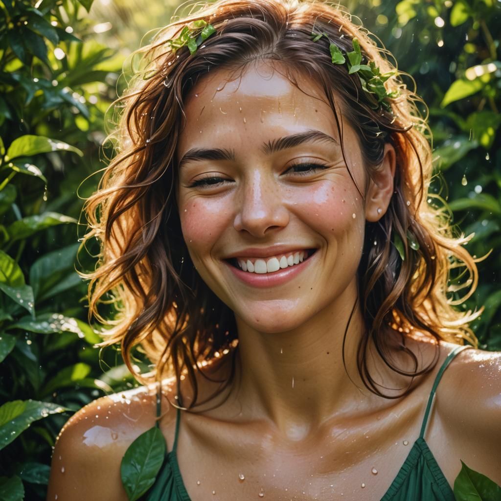 Smiling Woman Basking in Sunlight: Hyper-Realistic Portrait