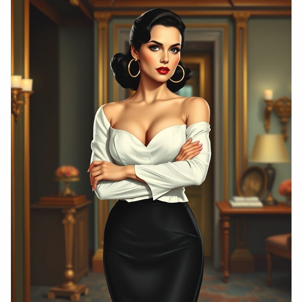 Confident Pin-Up Girl in Luxurious Office Setting