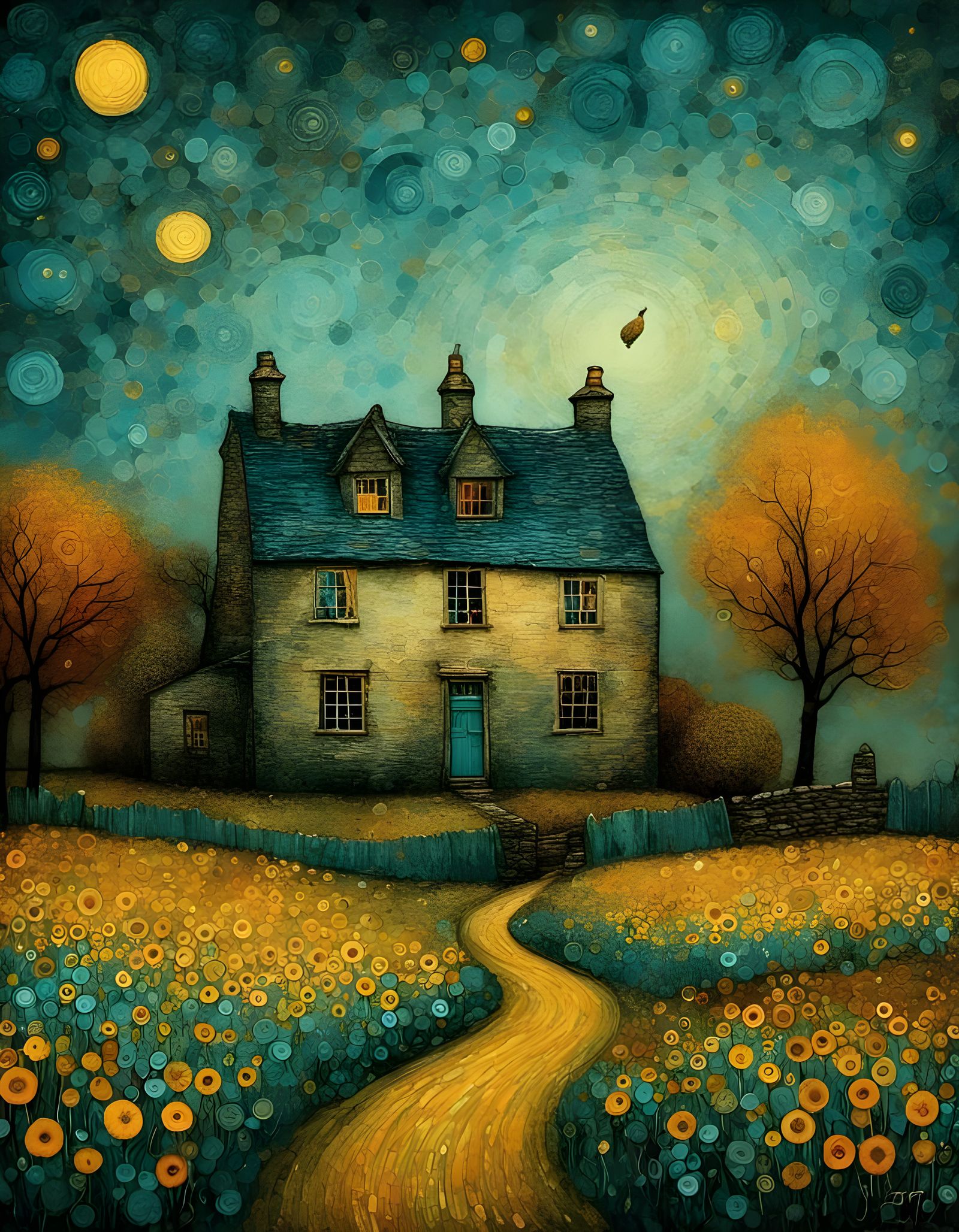 Whimsical Cotswold Farmhouse in Dreamy Van Gogh-Inspired Sky