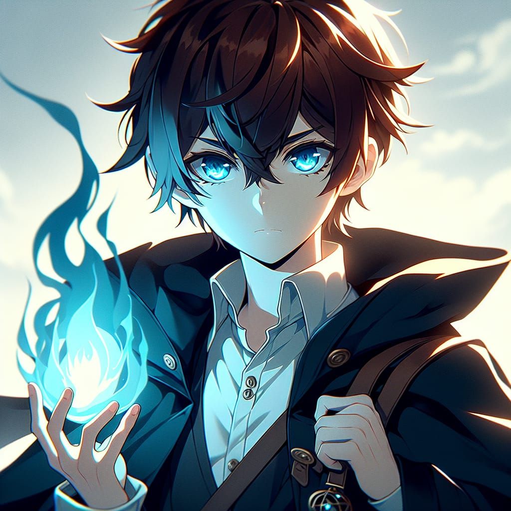 Anime Boy with Cyan Eyes Holds Blue Fire