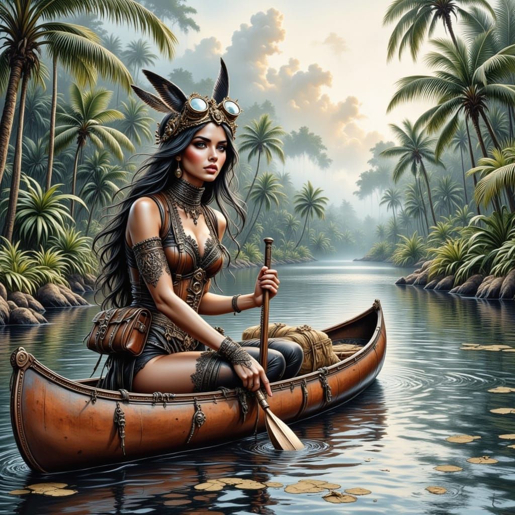 Steampunk Girl in Canoe, Watercolor Gouache Style