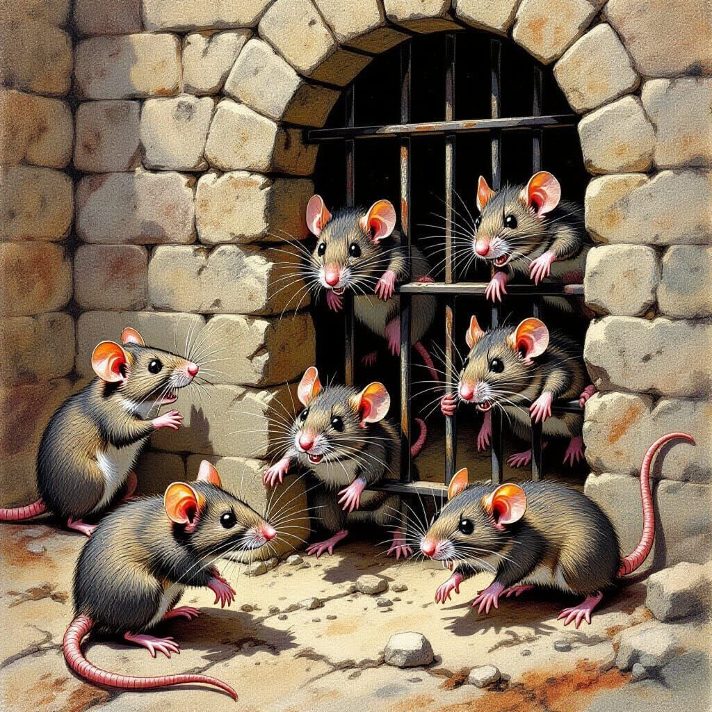 Rats Escape Prison in Detailed Gouache Painting