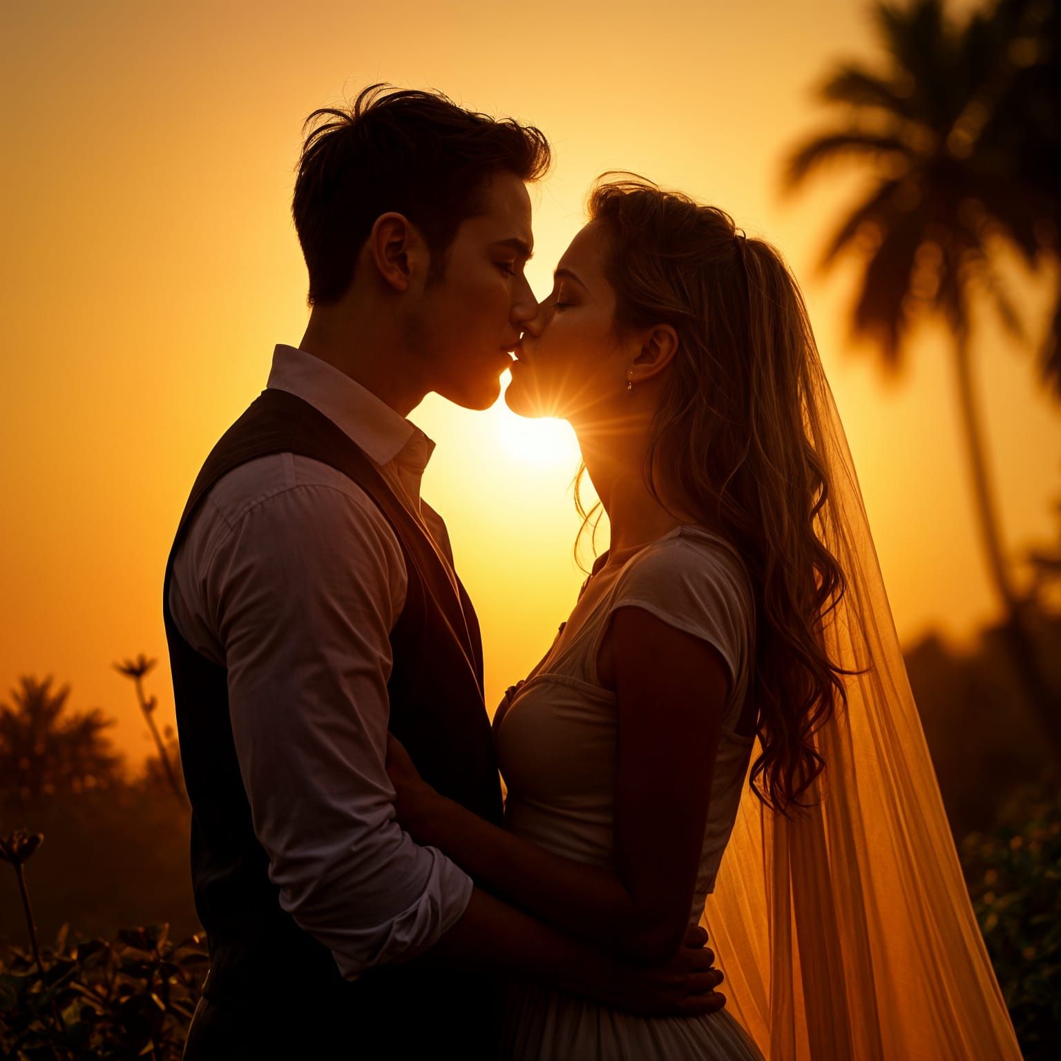 Romantic Couple Kissing Silhouetted by Sunlight