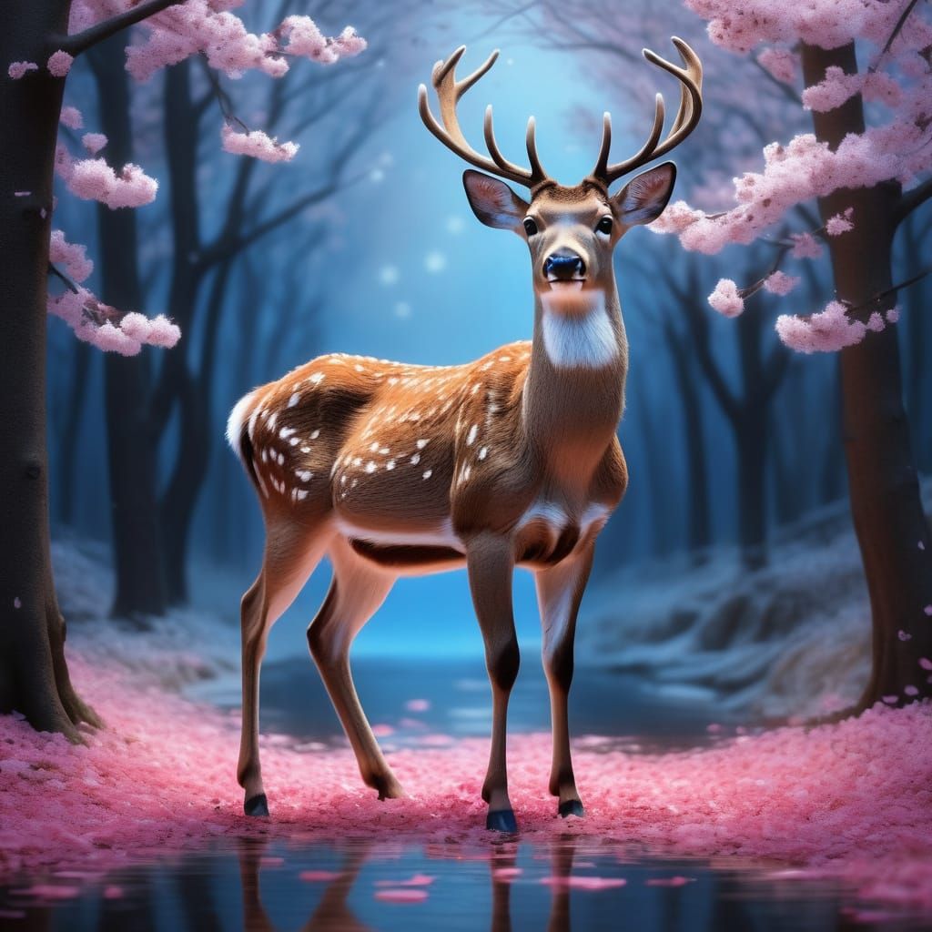 Cute Deer with Blue Eyes in Sakura Petals