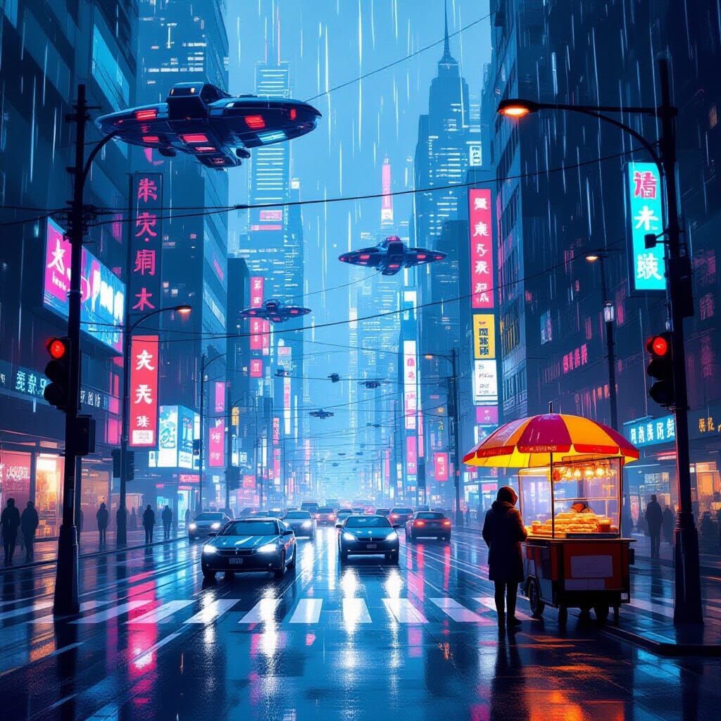 Cyberpunk City Intersection Through Rainy Window