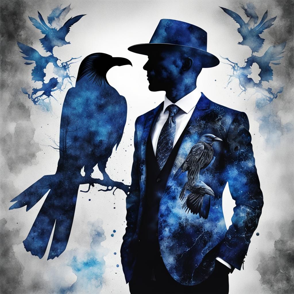 Man in Raven Silhouette, Watercolor Ink Style