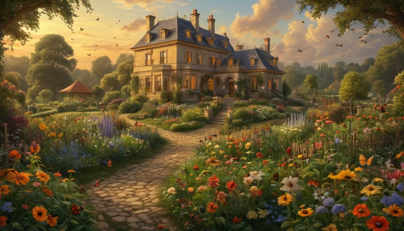 Country manor and flower garden