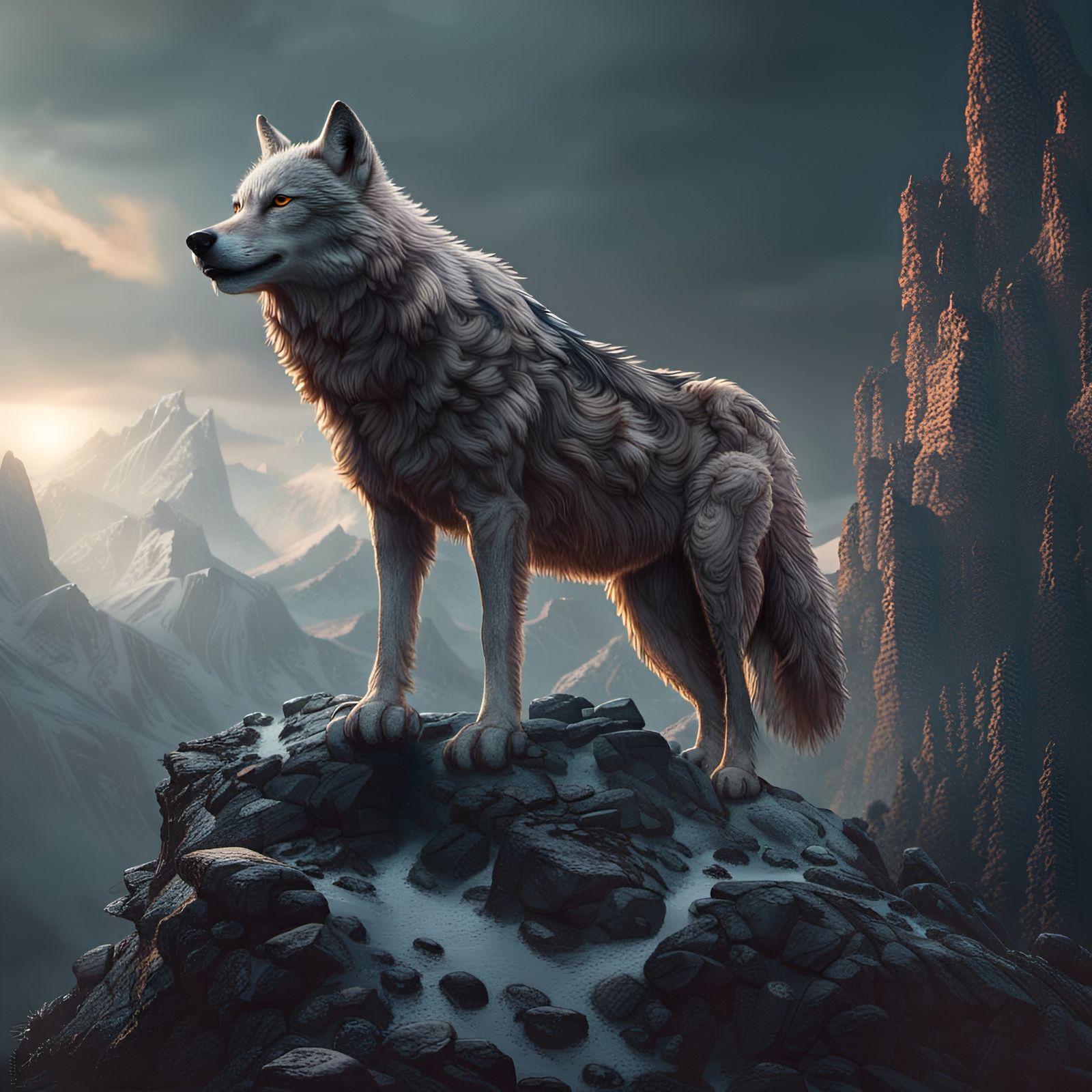 Wolf on Mountain: Detailed Fantasy Concept Art