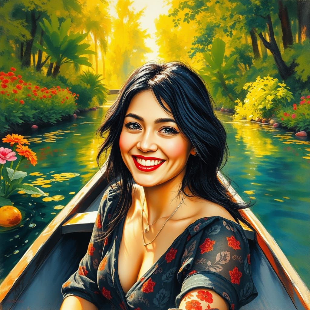 Smiling Woman in Boat: Impressionist Gouache and Watercolor
