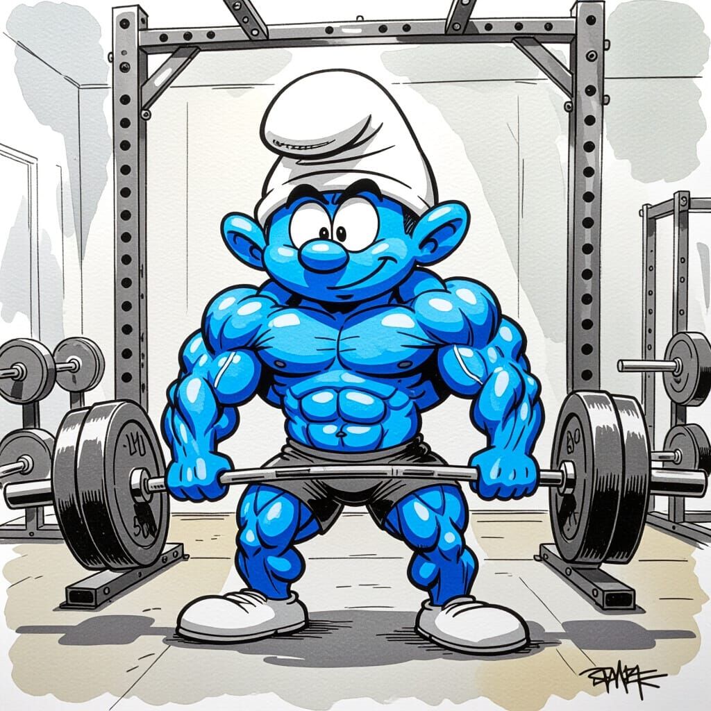 Papa Smurf as Muscled Weightlifter in Ink and Watercolor