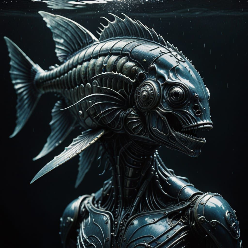 Dark Surreal Biomechanical Pisces Emerge from Dark Waters