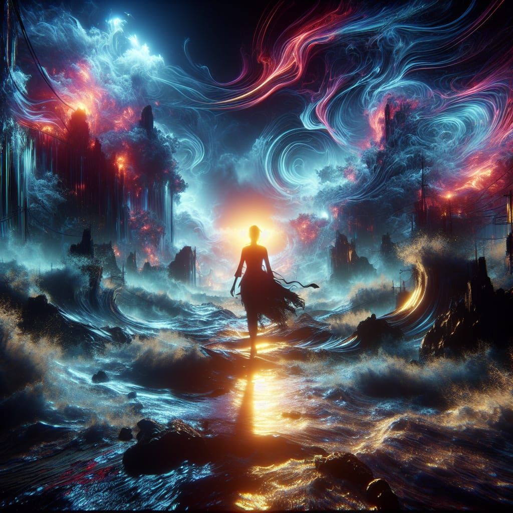 Woman's Silhouette Framed by Stormy Sea in Neon Light